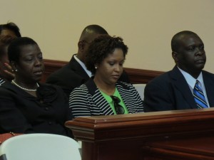 left to right) Permanent Secretary in the Minister of Sustainable Development, Ms. Beverly Harris; Permanent Secretary in the Ministry of Community and Social Development, Ms. Sharon Rattan and Permanent Secretary in the Ministry of International Transport, Mr. Charleton Edwards in the gallery of the National Assembly during the Budget Presentation. (Photos by Erasmus Williams)